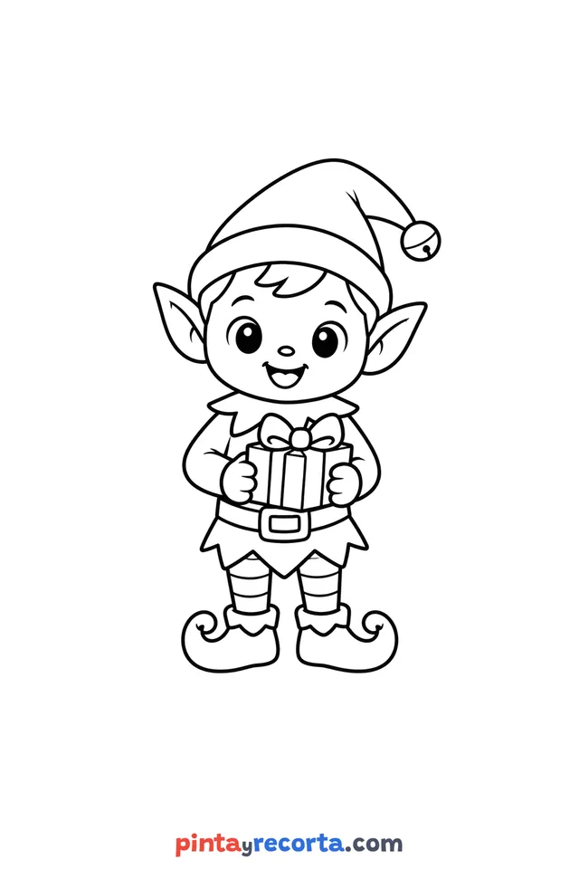 Christmas elf coloring page, easy level with thick outlines and big spaces