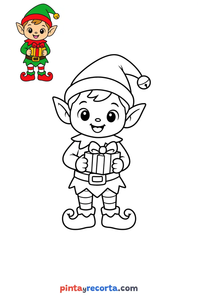 Christmas elf coloring page with a small color guide, easy level