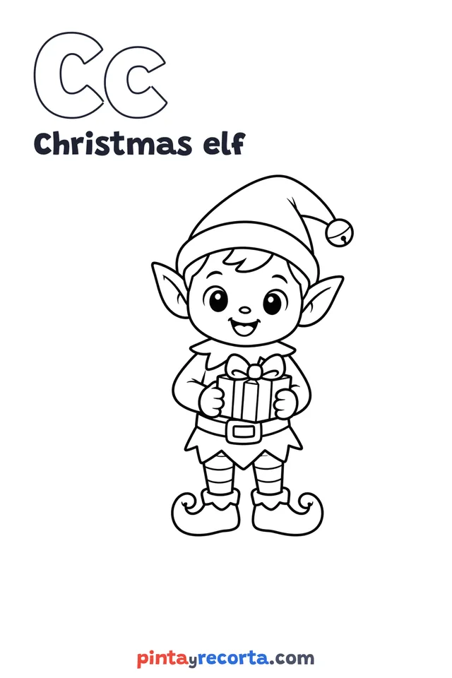Christmas elf coloring page with the letter Cc and the word Christmas elf, easy level