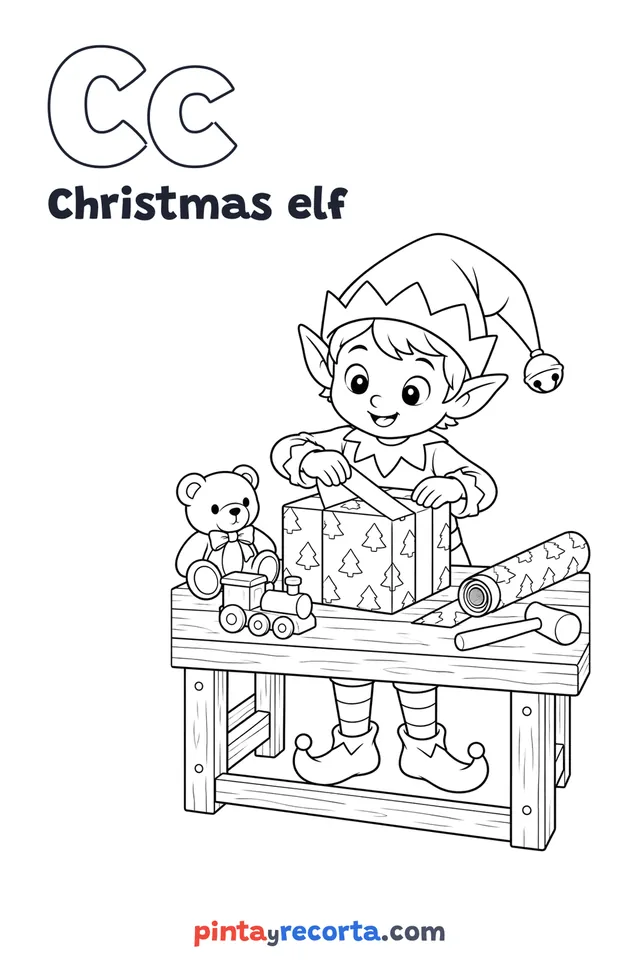 Christmas elf coloring page with the letter Cc and the word Christmas elf, medium level