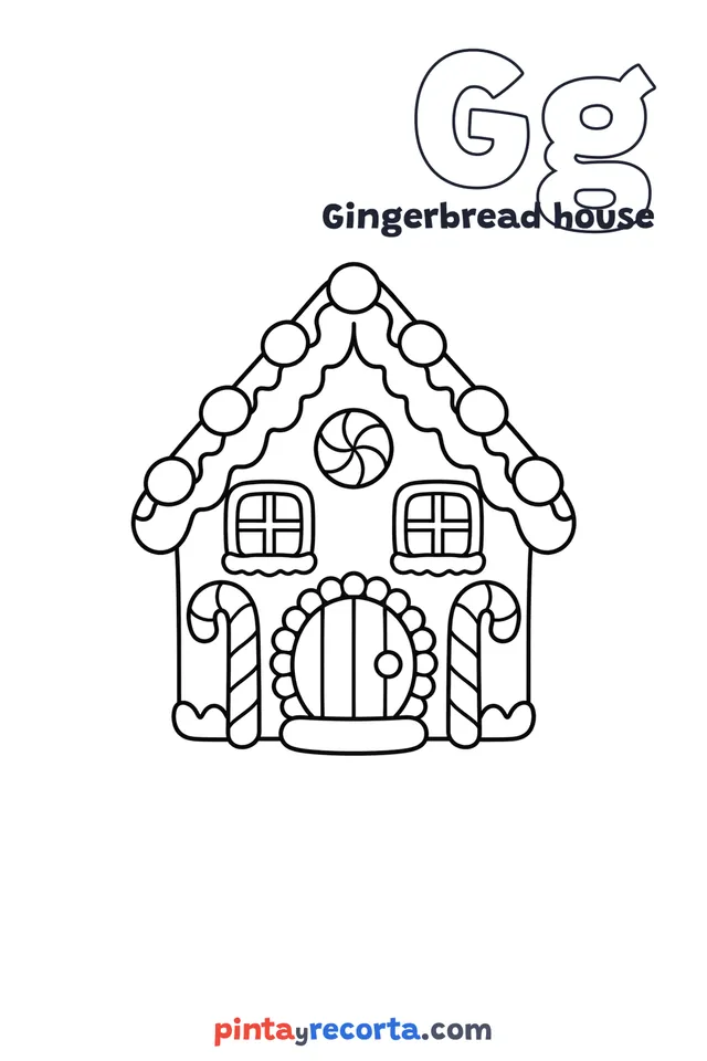 Gingerbread house coloring page with the letter Gg and the word Gingerbread house, easy level