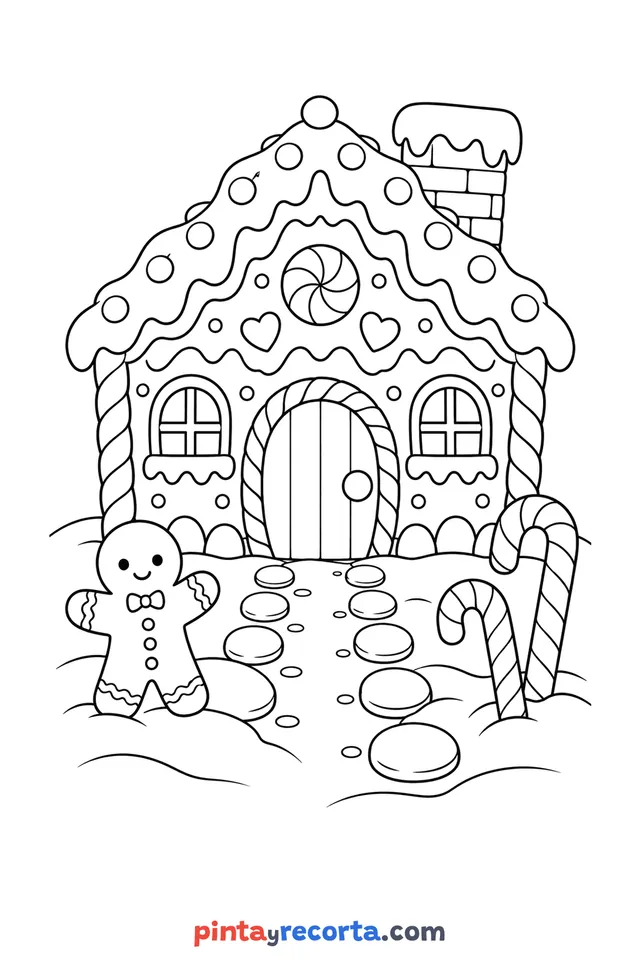 Christmas gingerbread house coloring page, medium level with moderate detail