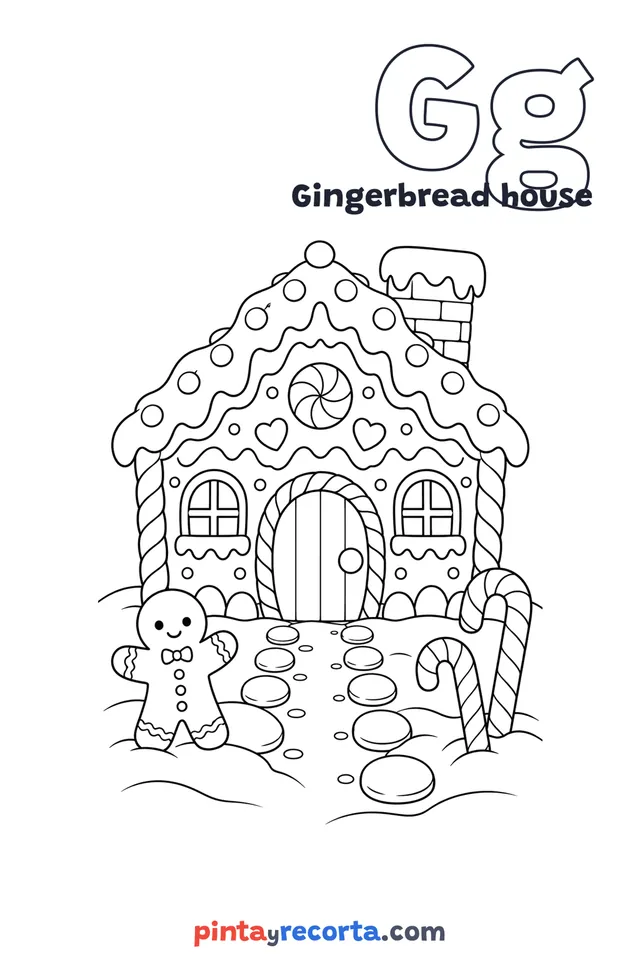 Gingerbread house coloring page with the letter Gg and the word Gingerbread house, medium level