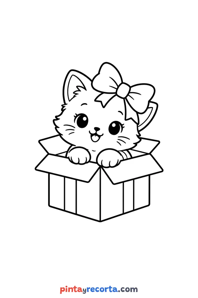 Christmas kitten coloring page, easy level with thick outlines and big spaces