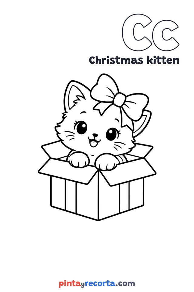 Christmas kitten coloring page with the letter Cc and the word Christmas kitten, easy level