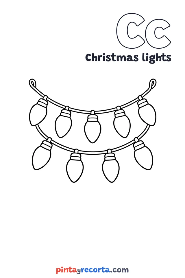 Christmas lights coloring page with the letter Cc and the word Christmas lights, easy level