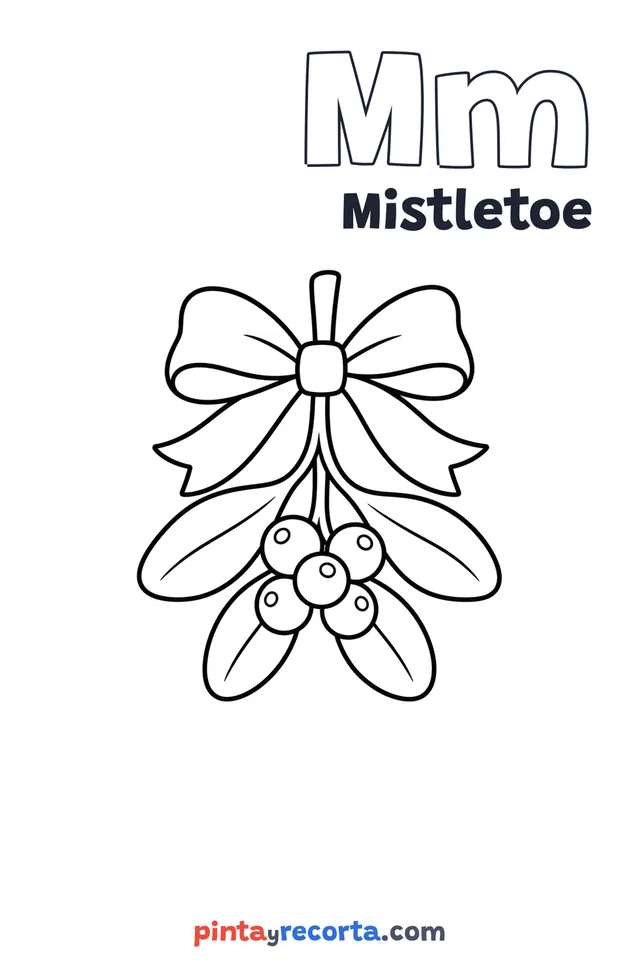 Mistletoe coloring page with the letter Mm and the word Mistletoe, easy level