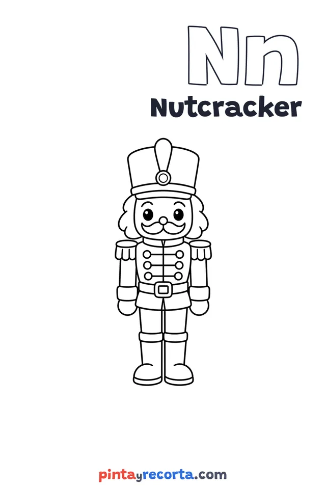 Nutcracker coloring page with the letter Nn and the word Nutcracker, easy level