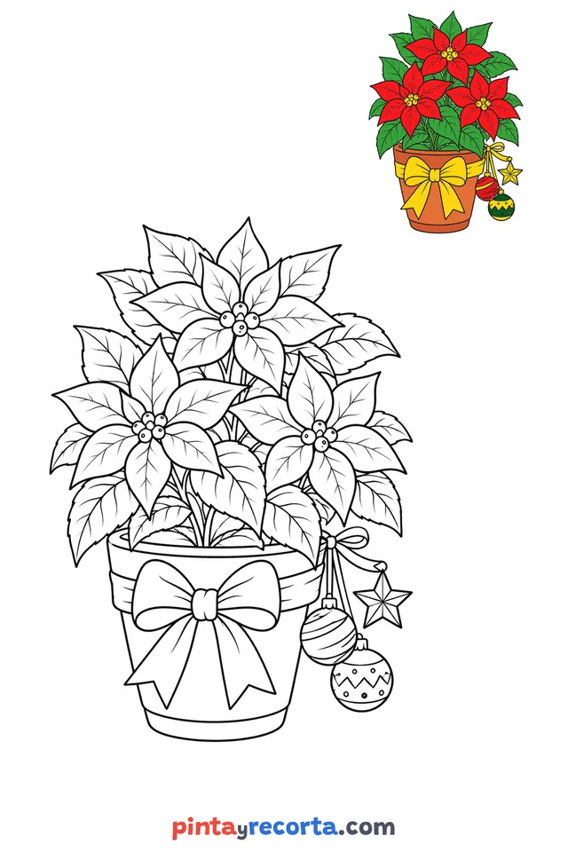 Poinsettia coloring page with a small color guide, medium level