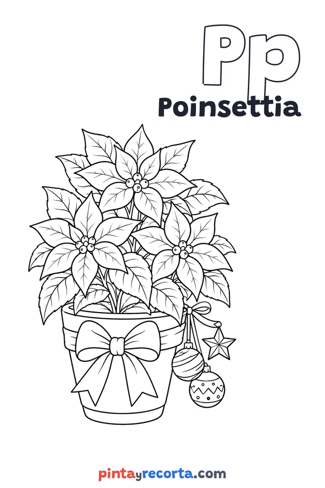 Poinsettia coloring page with the letter Pp and the word Poinsettia, medium level