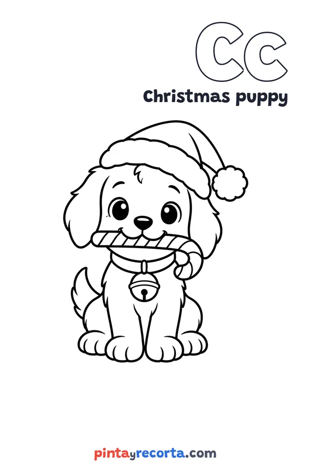 Christmas puppy coloring page with the letter Cc and the word Christmas puppy, easy level