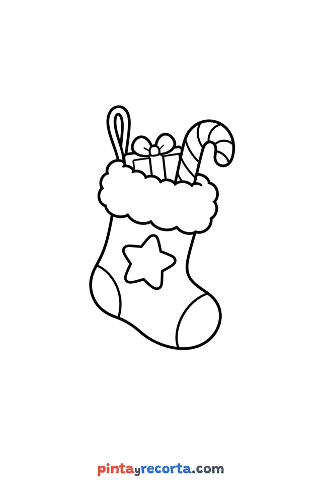 Christmas stocking coloring page, easy level with thick outlines and big spaces