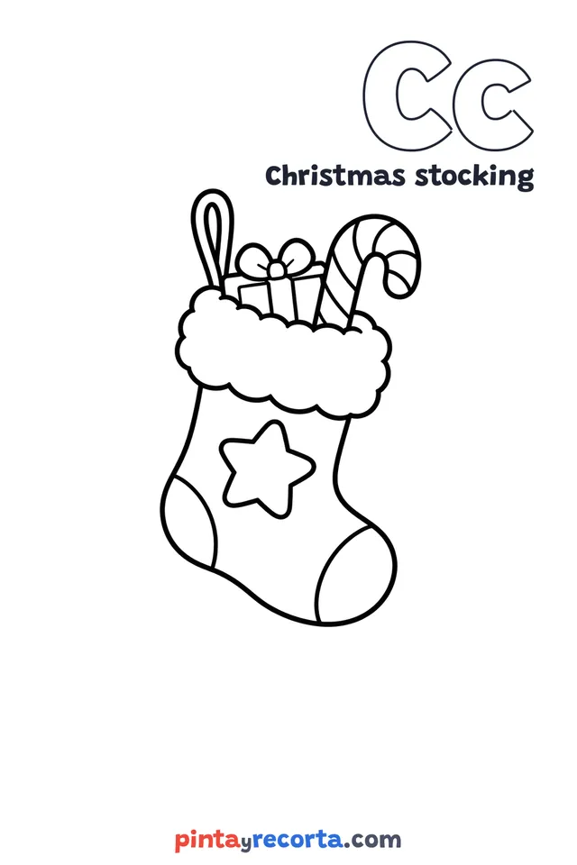 Christmas stocking coloring page with the letter Cc and the word Christmas stocking, easy level