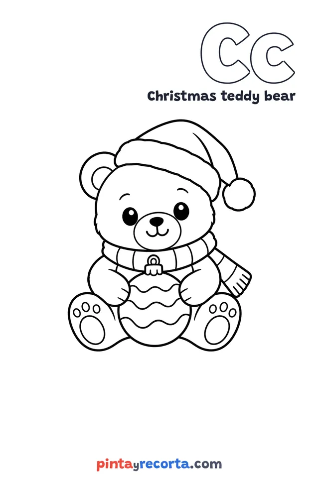Christmas teddy bear coloring page with the letter Cc and the word Christmas teddy bear, easy level