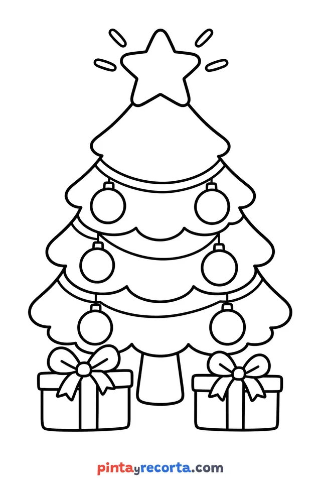Christmas tree coloring page, easy level with thick outlines and big spaces