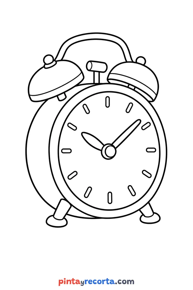 Clock coloring page: an alarm clock with its two bells, easy level with thick outlines and big spaces