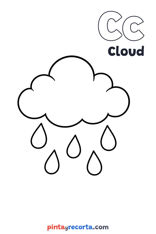 Cloud coloring page with the letter Cc and the word Cloud, easy level