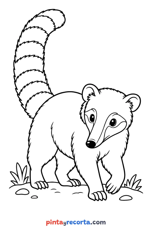 Coati coloring page: full-body coati in a calm pose, easy level with thick outlines and big spaces