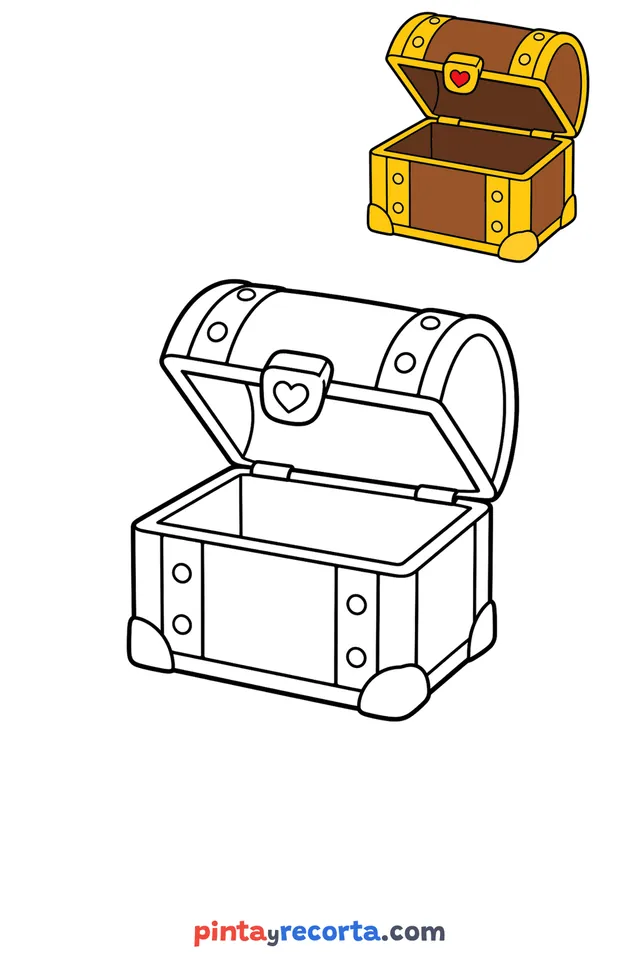 Dibujo de cofre para colorear con una guía de color en miniatura, nivel básico