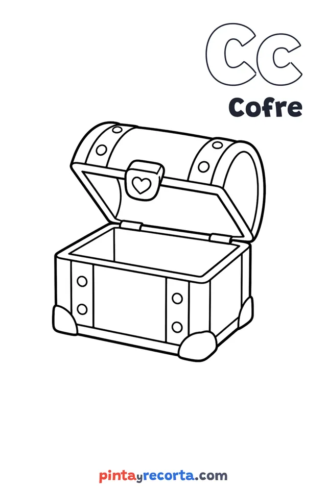 Dibujo de cofre para colorear con la letra Cc y la palabra Cofre, nivel básico