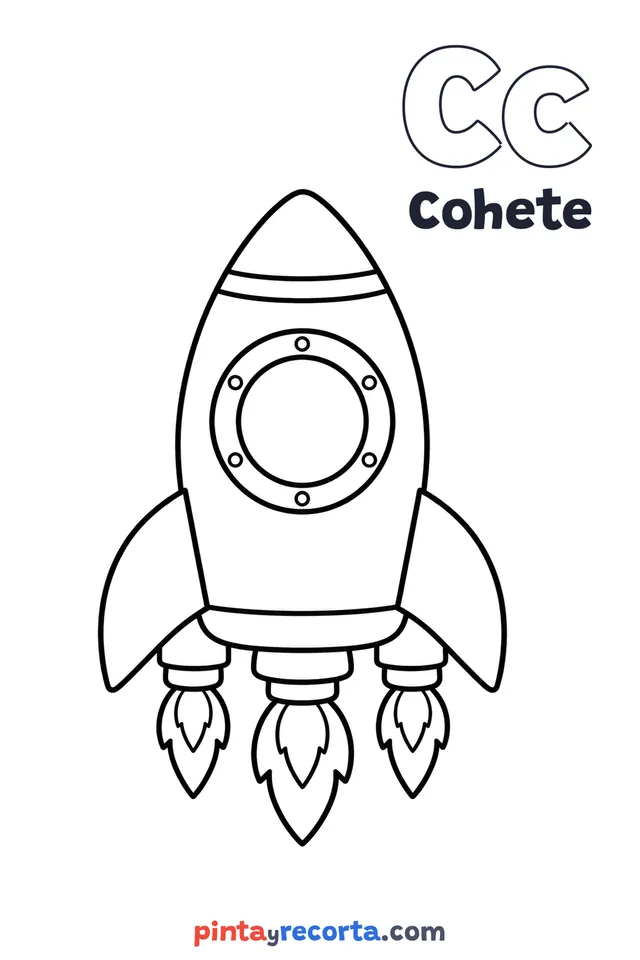 Dibujo de cohete para colorear con la letra Cc y la palabra Cohete, nivel básico