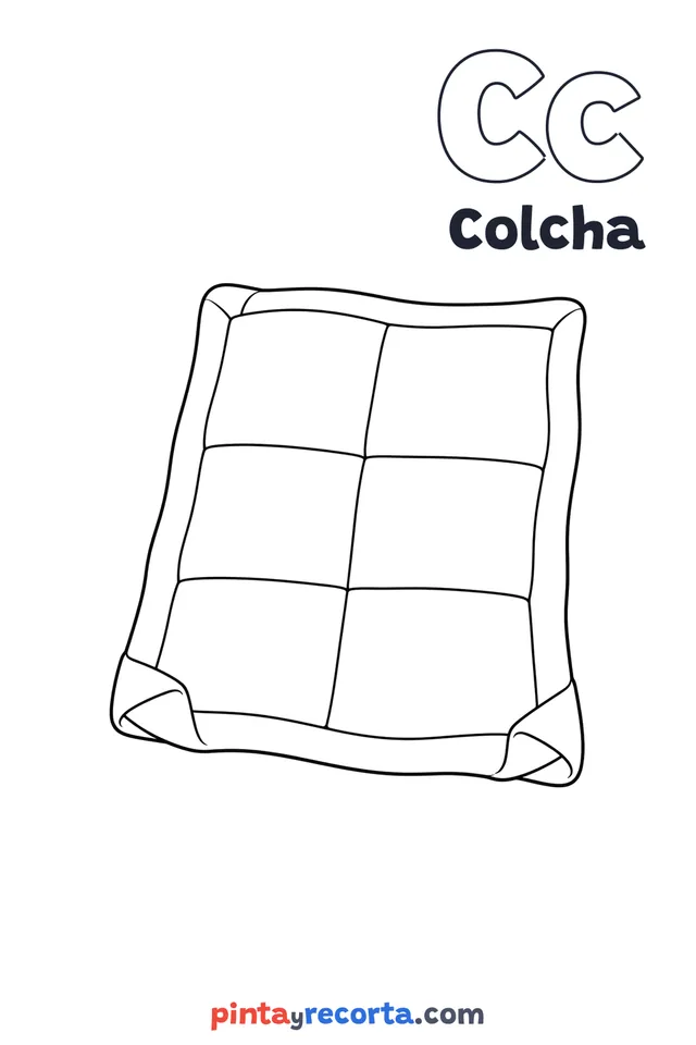 Dibujo de colcha para colorear con la letra Cc y la palabra Colcha, nivel básico