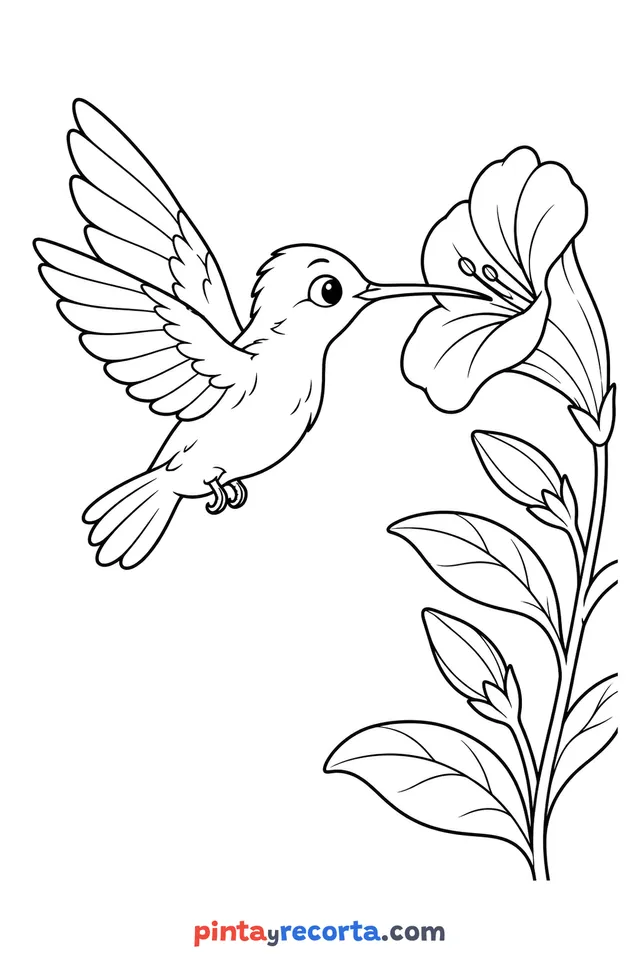 Dibujo de colibrí para colorear bebiendo néctar de una flor junto a un tallo con hojas, nivel intermedio con detalle moderado