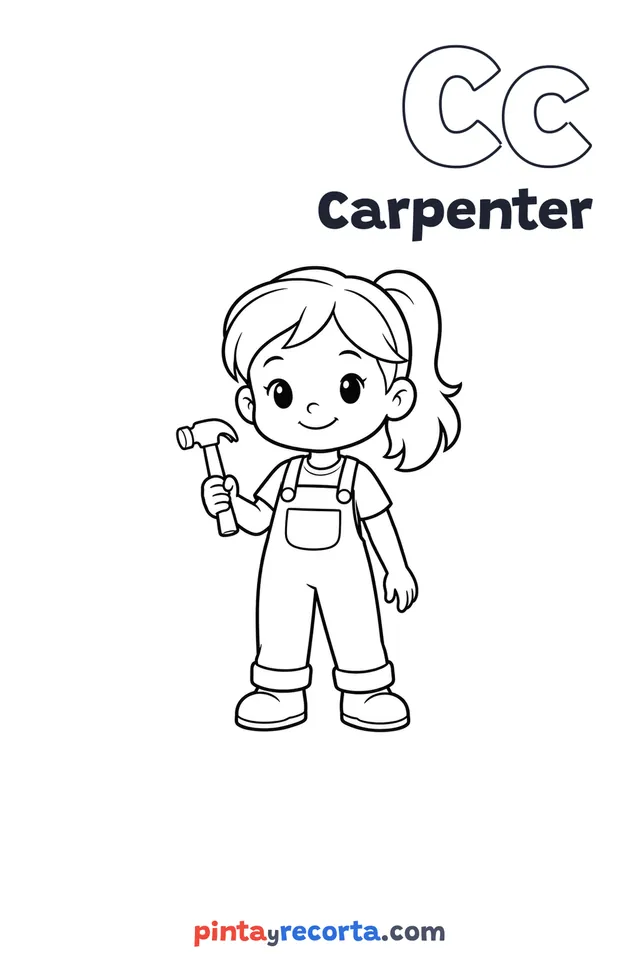 Carpenter coloring page with the letter Cc and the word Carpenter, easy level