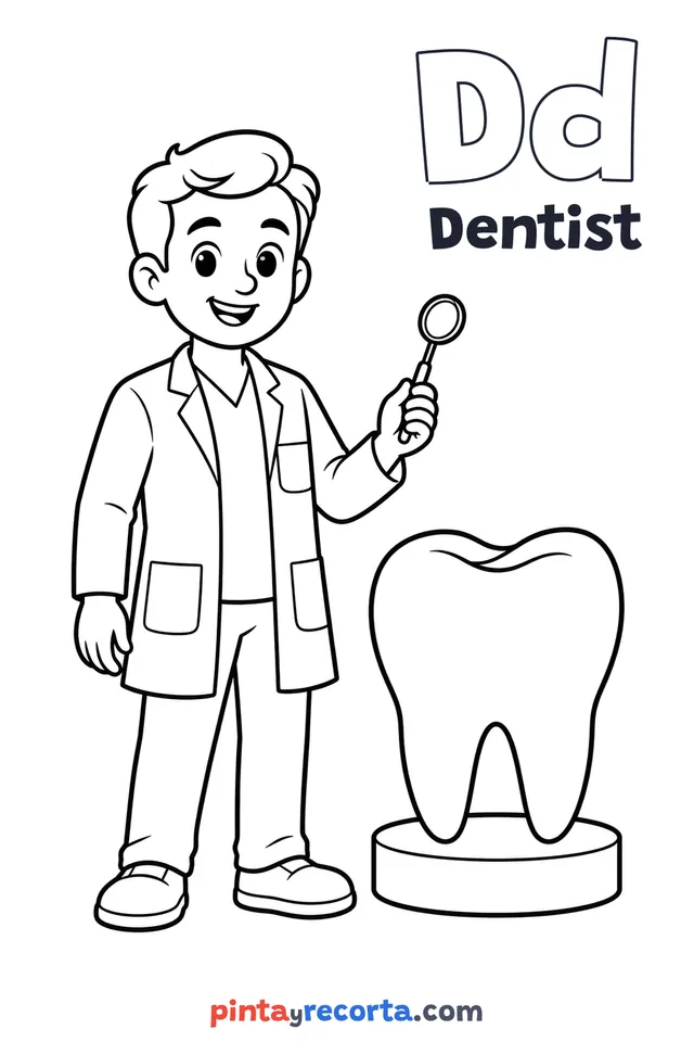 Dentist coloring page with the letter Dd and the word Dentist, easy level