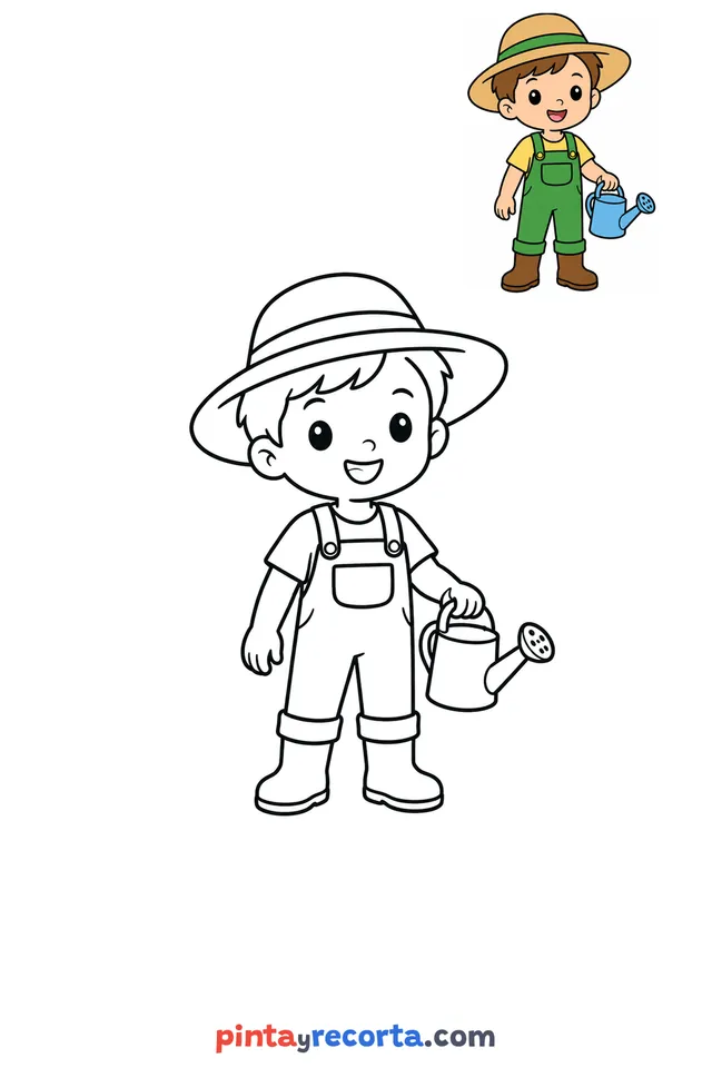 Gardener coloring page with a small color guide, easy level