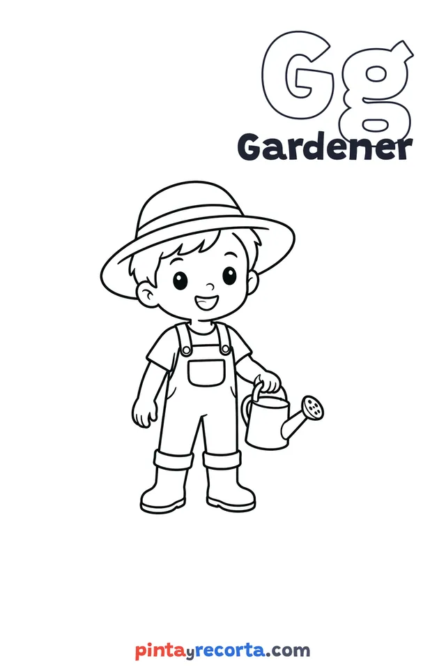 Gardener coloring page with the letter Gg and the word Gardener, easy level