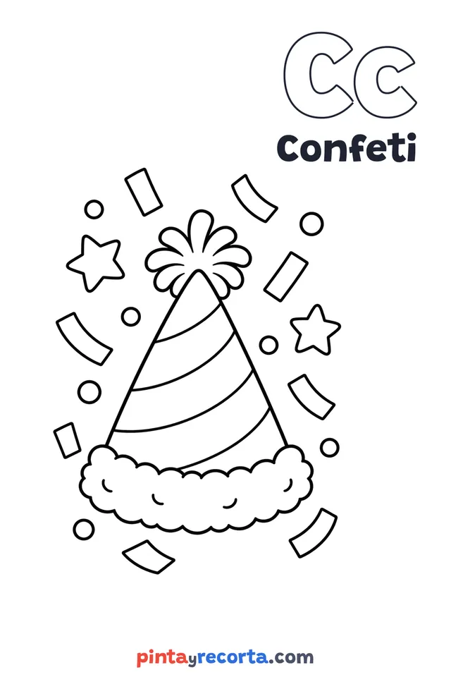 Dibujo de confeti para colorear con la letra Cc y la palabra Confeti, nivel básico