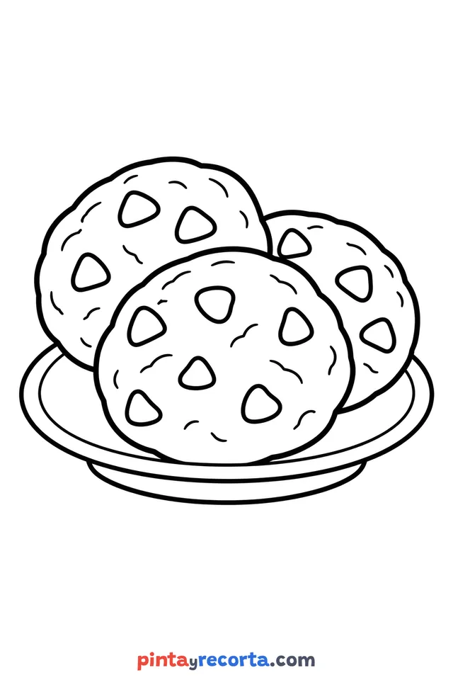Cookie coloring page: cookie on a plate, easy level with thick outlines and big spaces