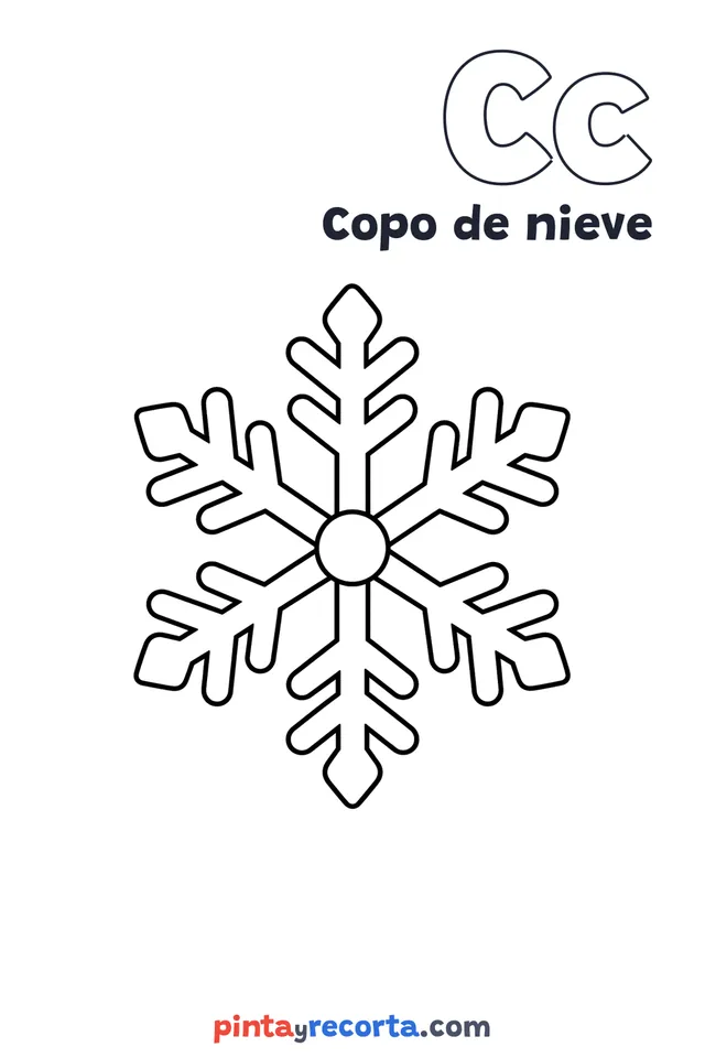 Dibujo de copo de nieve para colorear con la letra Cc y la palabra Copo de nieve, nivel básico