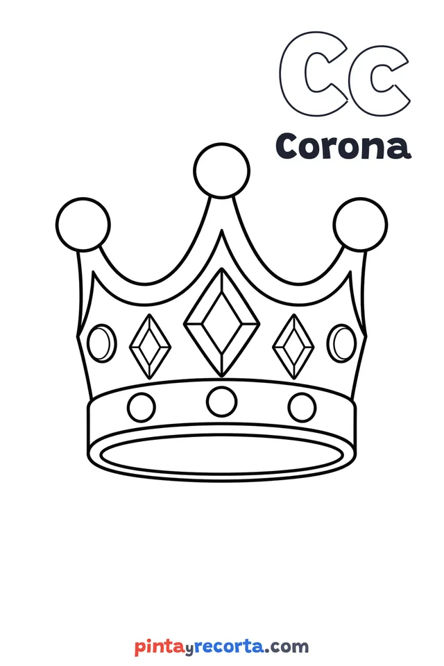 Dibujo de corona para colorear con la letra Cc y la palabra Corona, nivel básico