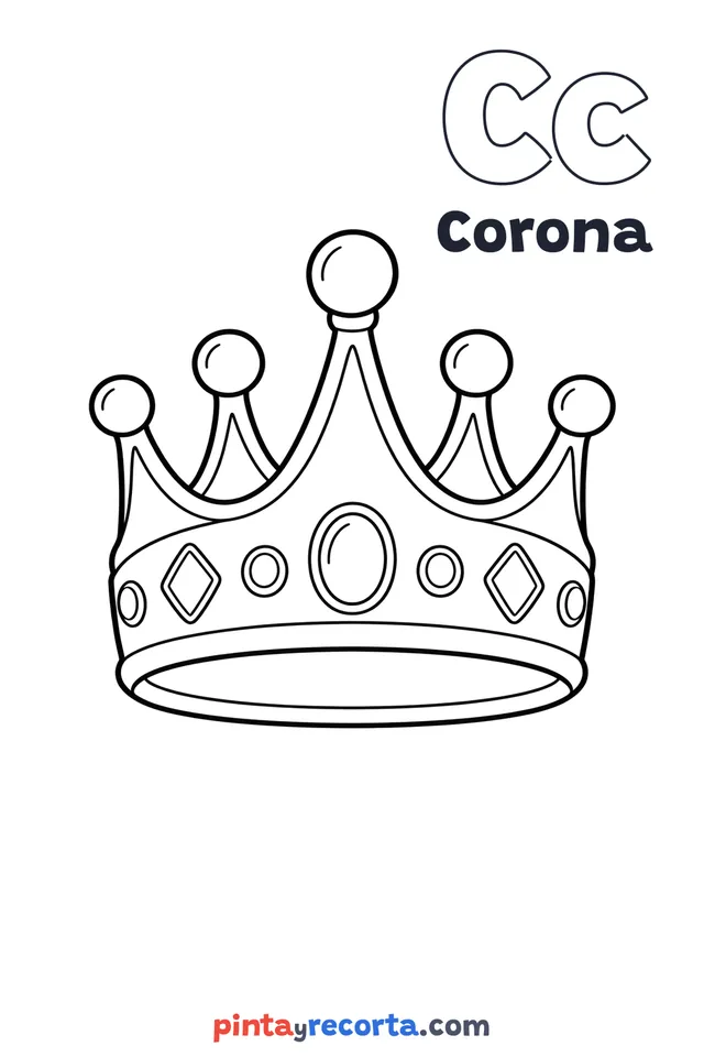 Dibujo de corona para colorear con la letra Cc y la palabra Corona, nivel básico