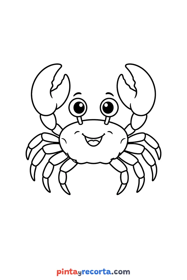 Crab coloring page: a smiling crab with raised claws and eight legs, easy level with thick outlines and big spaces