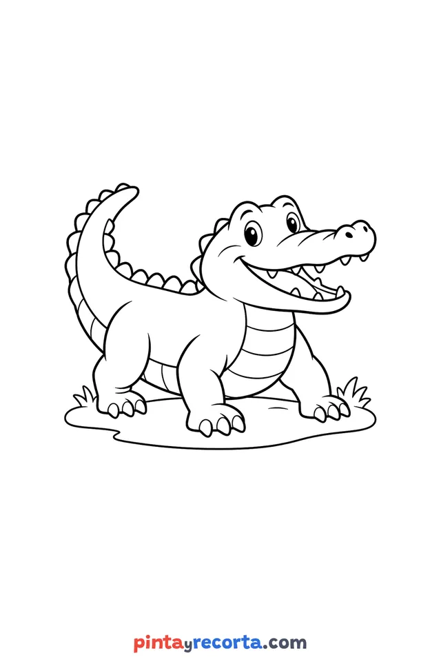 Crocodile coloring page: a happy crocodile with its mouth open walking on the shore, easy level with thick outlines and big spaces