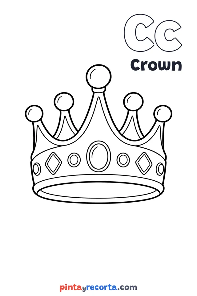 Crown coloring page with the letter Cc and the word Crown, easy level
