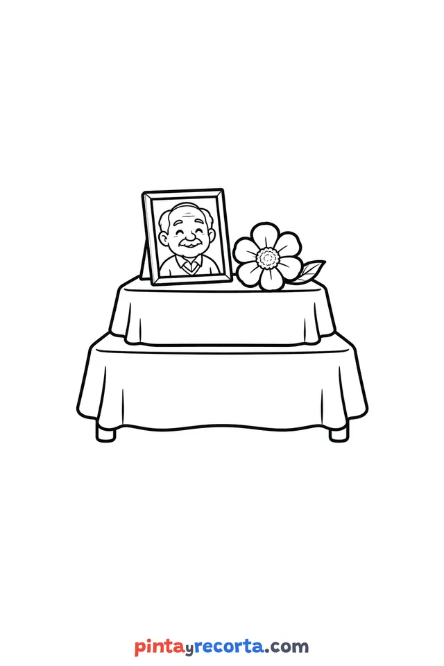 Day of the Dead altar coloring page, easy level with thick outlines and big spaces