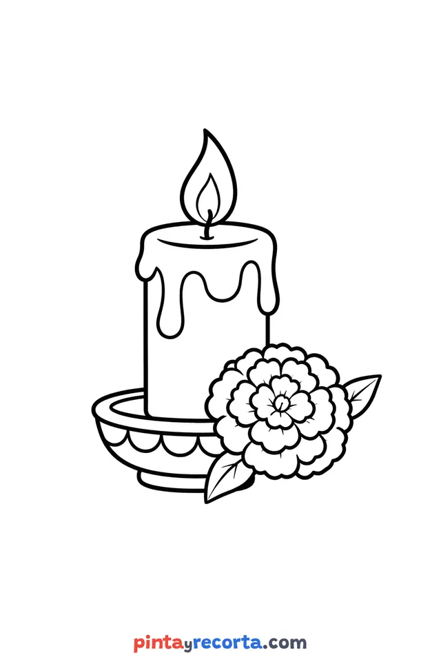 Day of the Dead candle coloring page, easy level with thick outlines and big spaces