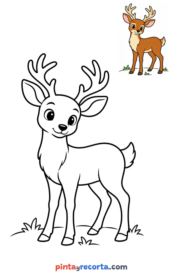 Deer coloring page with a small color guide, easy level