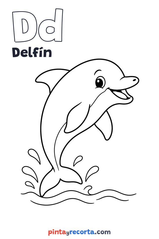 Dibujo de delfín para colorear con la letra Dd y la palabra Delfín, nivel básico