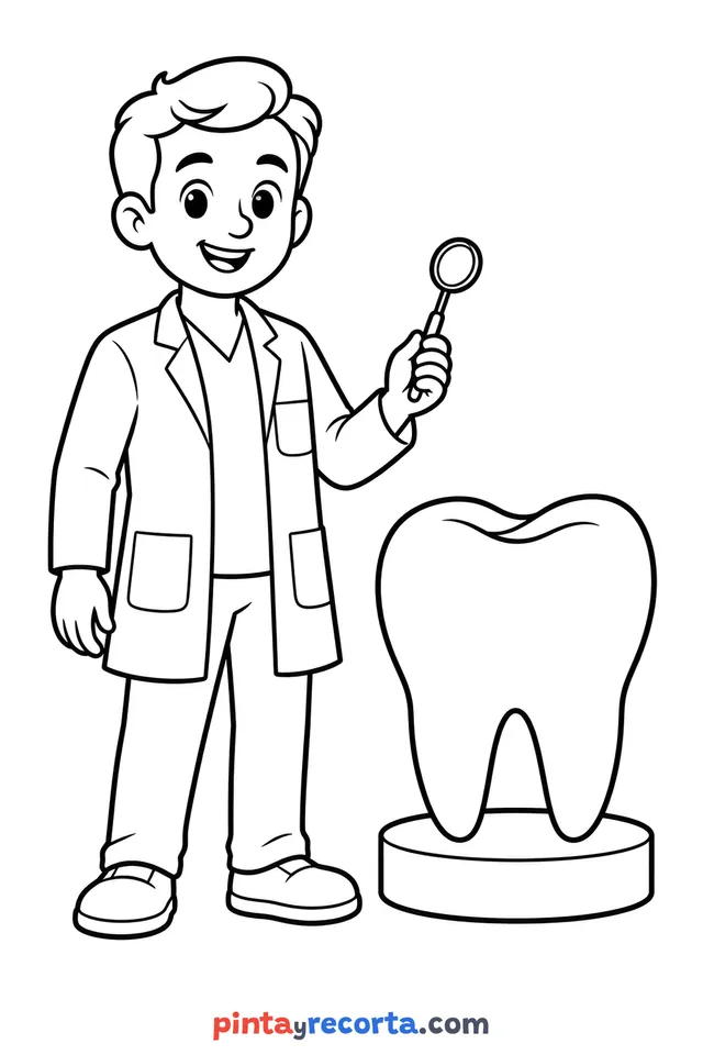 Dibujo de dentista para colorear, nivel básico con trazos gruesos y áreas grandes