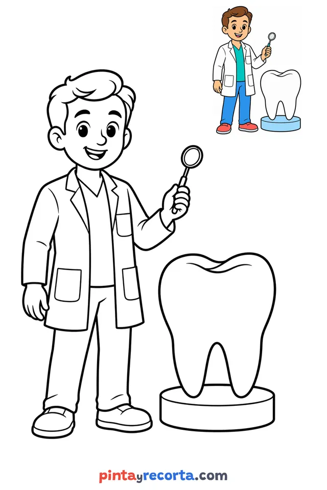 Dibujo de dentista para colorear con una guía de color en miniatura, nivel básico