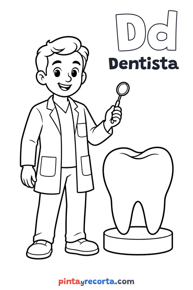 Dibujo de dentista para colorear con la letra Dd y la palabra Dentista, nivel básico