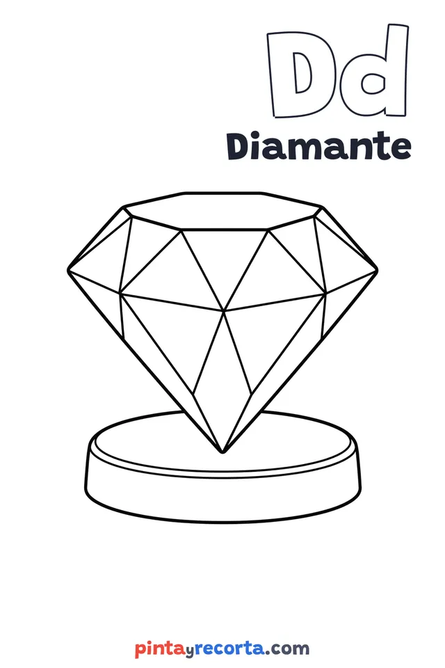 Dibujo de diamante para colorear con la letra Dd y la palabra Diamante, nivel básico