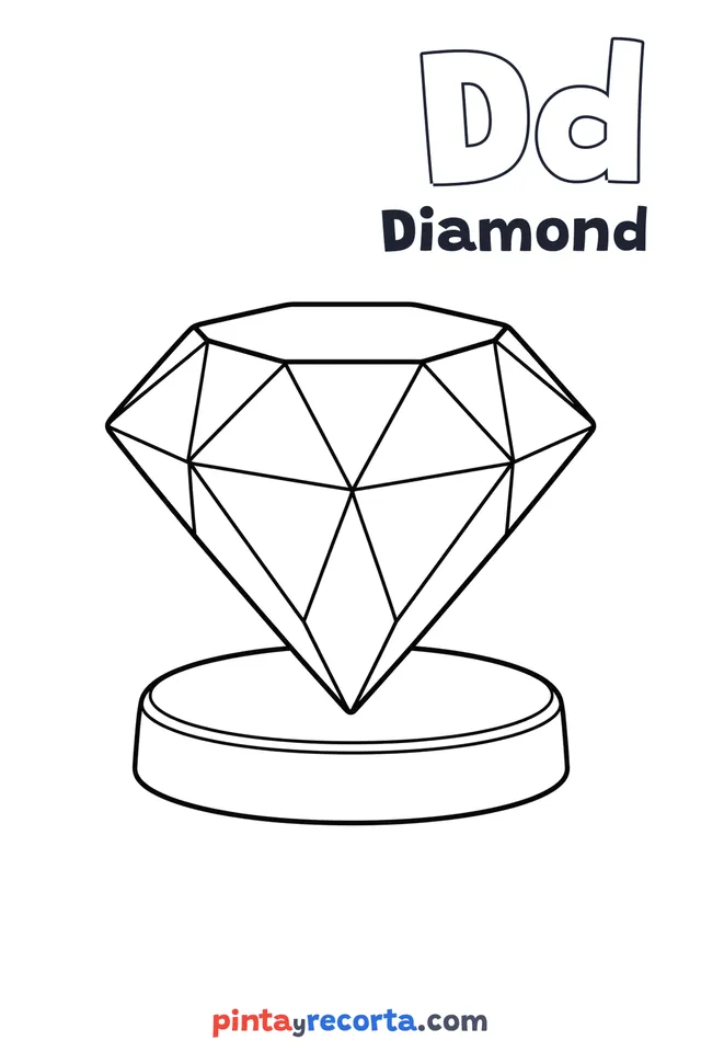 Diamond coloring page with the letter Dd and the word Diamond, easy level