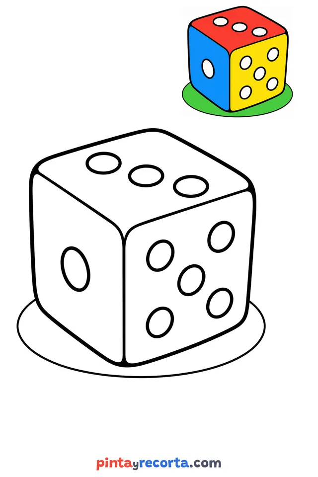 Dice coloring page with a small color guide, easy level