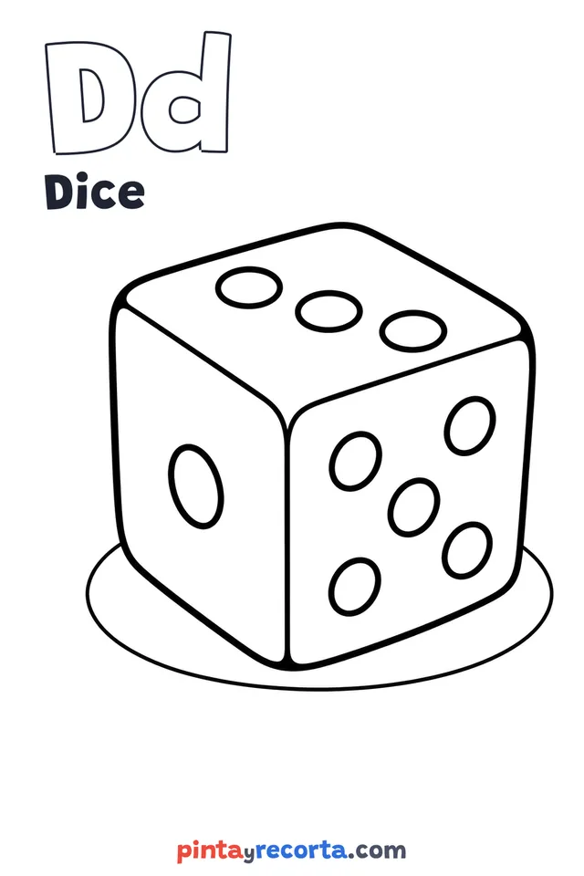 Dice coloring page with the letter Dd and the word Dice, easy level